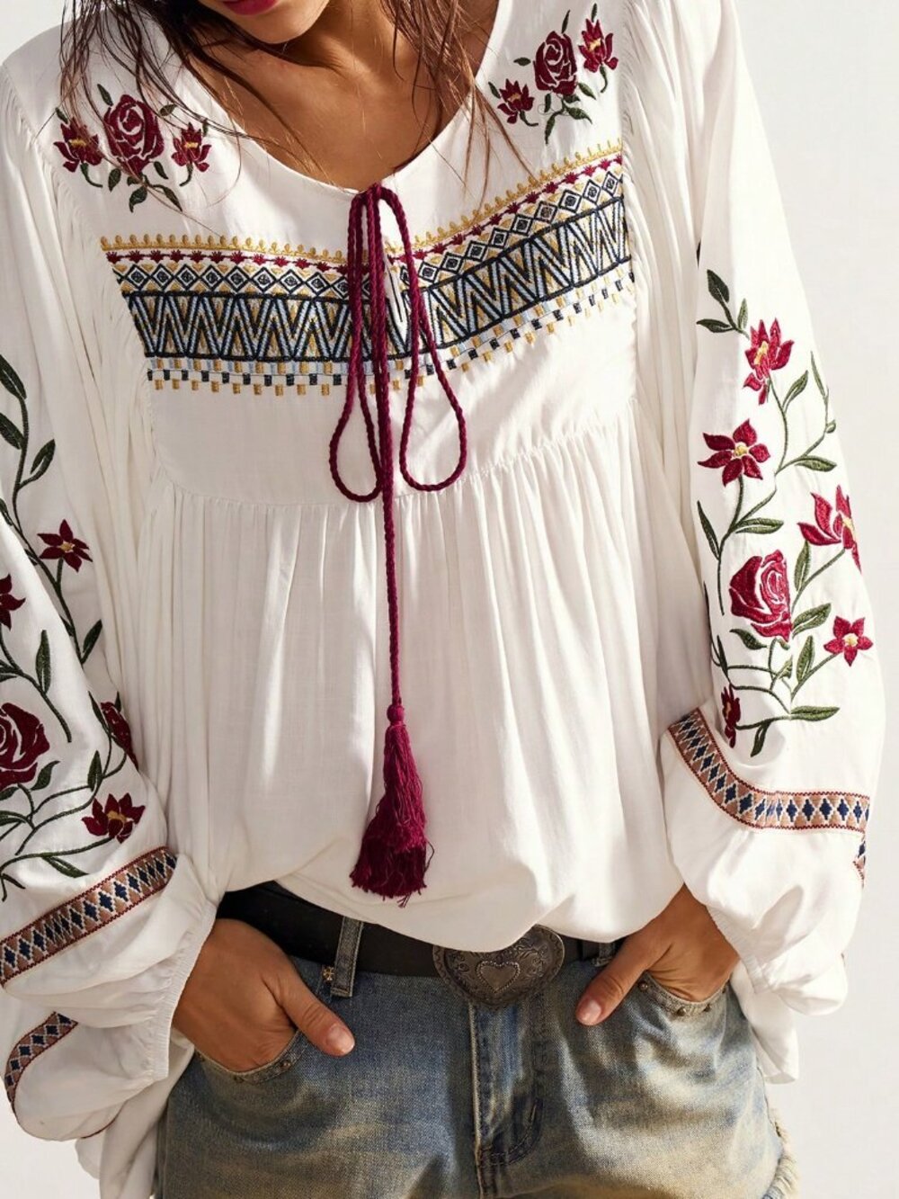 White Boho Women's Floral Knot Front Long Sleeve Casual Blouse - Picture 5 of 7